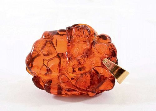 Old Chinese Amber Carved Carving Pendant Fu Foo Dog Lion