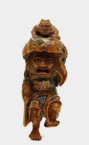 19C Japanese Wood Netsuke Shoki Oni Devil Figurine