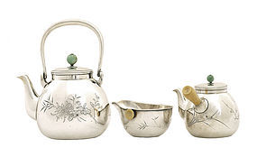 3 Set Japanese Silver Tea Set Teapot Jadeite Top Sg