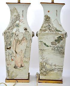 Pair 19C Chinese Famille Rose Lamp Vase Scholar