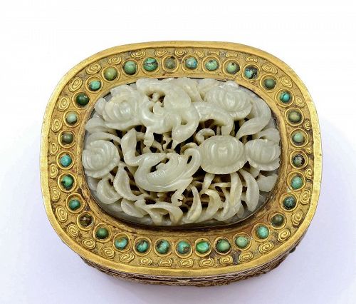 17C Chinese Jade Carved Plaque Bird Turquoise Bead Gilt Bronze Box