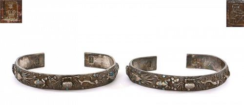 Pair of 19C Chinese Silver Enamel Bangle Bracelet Crab Shrimp Fish Mk