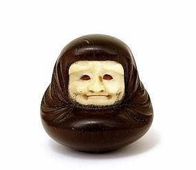 19C Japanese Wood Netsuke Daruma Figurine Sg