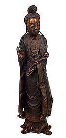 Lg 19C Chinese Lacquer Wood Quan Yin Buddha Figure